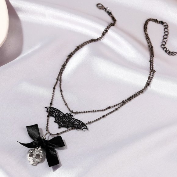 Gothic Filigree Bat, Bow & Skull Double Necklace - Picture 3 of 6